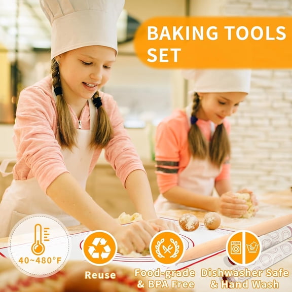 FEFEDFAA-Silicone Baking Mat Sets, Dough Mat with Macaron Baking Mat Pastry Cutter Rolling Pin,Food Safe Pastry Mat, Reusable Cookie Sheets Liner