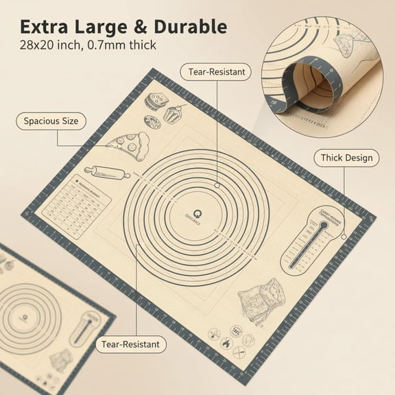 FEFEDFAA-Silicone Baking Pastry Dough Mat - 28x20Inch Extra Large Cookie Bread Rolling Mats Sheet, Nonstick Kitchen Counter Kneading Board Thick Reusable Pie Cookies Pizza Fondant Making Matt Baking