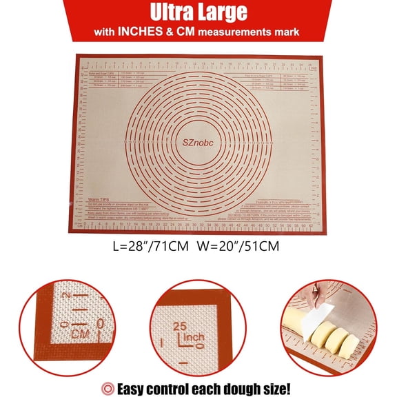 FEFEDFAA-Silicone Pastry Mat 28''By 20'' Nonstick Baking Mats Non-slip Counter Mat for Dough Rolling, Pastry, Pie Crust, Fondant, Cookies, Bread, Pasta, Pizza Mat