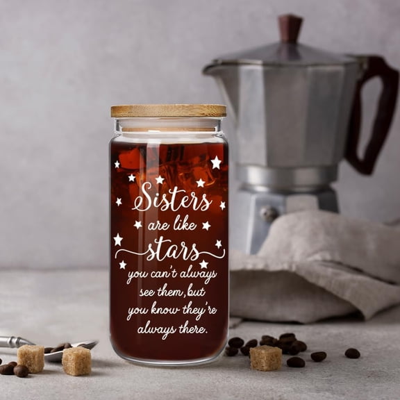 FEFEDFAA-Sister Are Like Stars Glass Cups with Lids and Straws Birthday Gifts for Bestie Friend Sister, Mothers Day, Graduation Sisters 16oz Glass Drink Cup Gifts for Sisters Women from Brother, Sibl