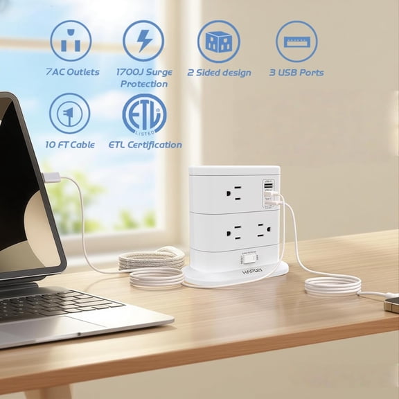 FEFEDFAA-Tower Power Strip Surge Protector 5 FT Extension Cord with Multiple Outlets - 7 Widely AC Outlets and 3 USB Ports, Flat Plug Charging Station, Flat Cord Outlet Extender, 1700J, ETL Listed