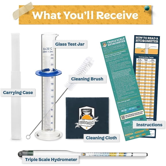 FEFEDFAA-Triple Scale Hydrometer Measure and Monitor Specific Gravity, Brix, Potential Alcohol, and ABV in Wine, Beer, Mead, Cider, and Other Homebrewed Drinks (Glass, Clear)