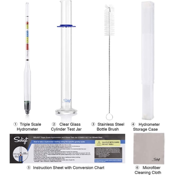 FEFEDFAA-Triple Scale Hydrometer and Glass Test Jar for Wine, Beer, Mead & Cider - ABV, Brix and Gravity Test Kit