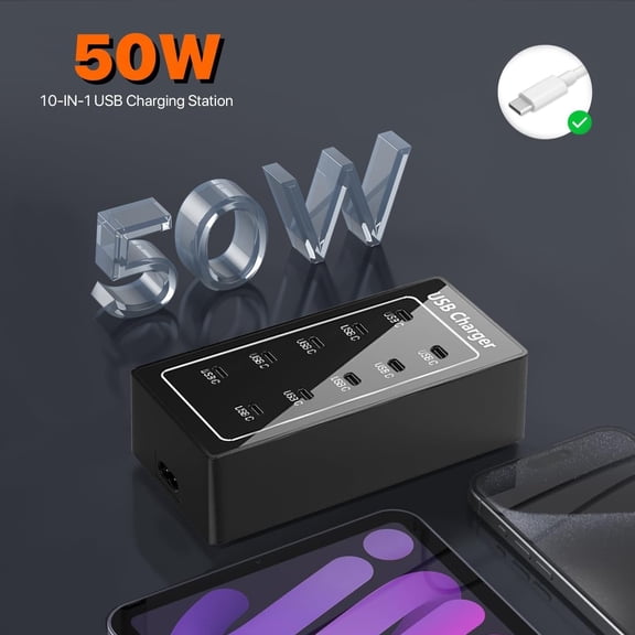 FEFEDFAA-USB C Charger, 50W USB Charging Station for Multiple Devices, 10-Ports Power Hub Strip Smart Plug Charging Dock Charge Block Compatible with iPhone/Google/Tablet and More