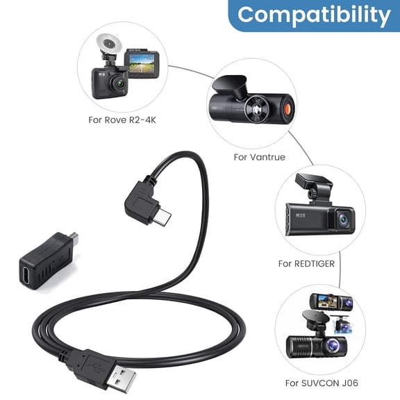 FEFEDFAA-USB C Dash Cam Cable for Rove R2-4K, 11.5 ft Power Cord for REDTIGER Car Dashboard Camera, with Mini USB Adapter