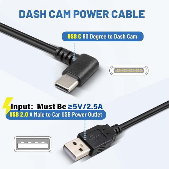 FEFEDFAA-USB C Dash Cam Power Cord (13FT/4M), 90 Degree USB-A 2.0 to Type-C Cable REQUIRES 2.5A Input - USBC Replacement Power Supply for Front Rear View Mirror Dashcam Dashboard Recorder Recording C