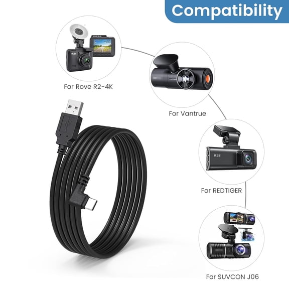FEFEDFAA-USB C Dash Cam Power Cord, USB to 90-Degree USB-C Charging Cable for Dashcam Rear View Mirror Camera, 11.5ft Long Charger Wire