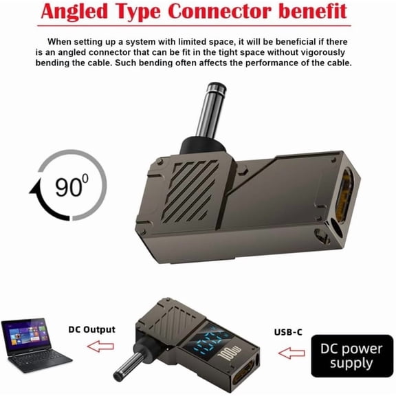 FEFEDFAA-USB-C PD 65W Charge Adapter Type-C Input to DC 3.5x1.35mm Barrel Jack Plug Smart LED Digital Display 100W Output 20V 5A Charger Connector for Laptop