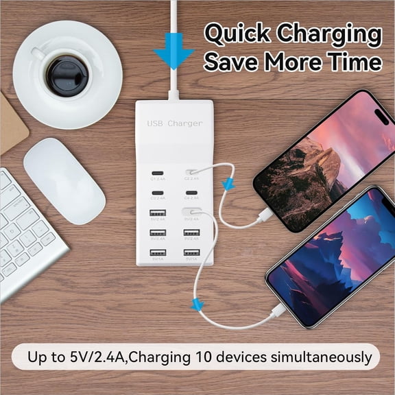 FEFEDFAA-USB Charging Station with 6 USB-A and 4 USB-C Ports, 50W 10A USB Charger Block for Smart Phone, Tablet, Laptop, Multiple Devices - USB Power Strip with Auto-Detect Technology