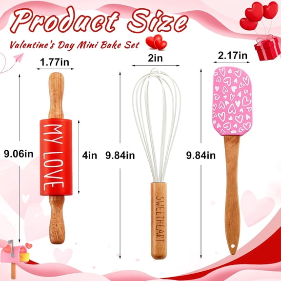 FEFEDFAA-Valentines Holiday Mini Bake Set with Mini Spatula, Whisk and Rolling Pin, Sweetheart Pattern, Heat Resistant, Valentine Sweet Gift Bake Set for Baking Cooking Sauteing Mixing Serving Stirri