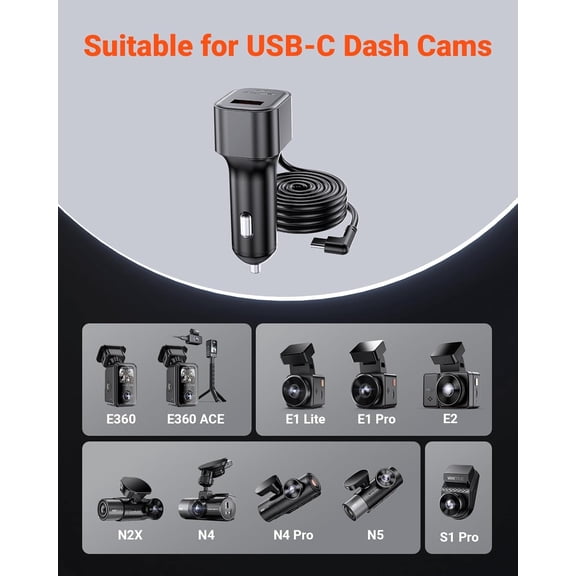 FEFEDFAA-Vantrue 11.5ft USB-C Car Charger for Vantrue N4 Pro(S), N4(S), N5(S), N2X, S1Pro(MAX), E1 Pro, E1 Lite, E2, E360 Dash Cam
