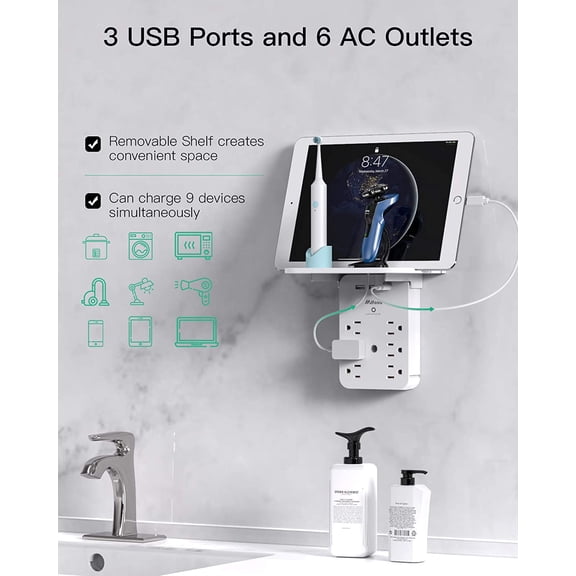 FEFEDFAA-Wall Outlet Extender with Surge Protector, 6 AC Outlets, Shelf, 2 USB & USB C Charging Ports - Home & Dorm Plug Expander