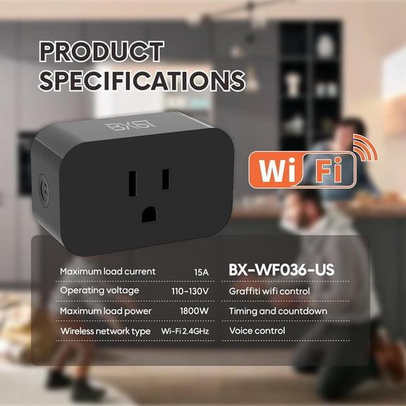 FEFEDFAA-WiFi Smart Plug 15A 1800W, Smart Outlet with Timer & Countdown, Voice Control with Alexa & Google Home, 2.4GHz WiFi Socket for Home Appliances, No Hub Required, CE FCC Listed, 1 Pack, Black