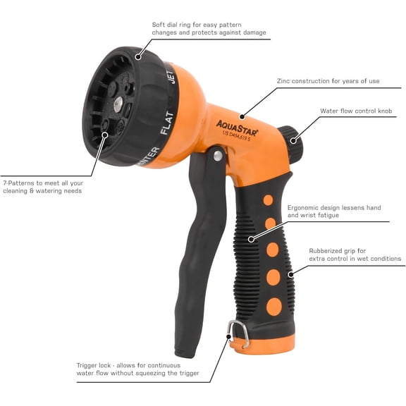 FEFEDFAA-by Eden AS4001 (Orange) Metal Front-Trigger 7-Pattern Garden Hose Nozzle | Durable Zinc Construction, Ergonomic Grip, 7 Adjustable Spray Patterns, Lawn & Garden, Vibrant Colors