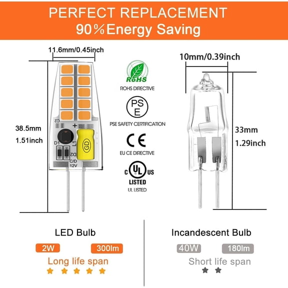 FEFEFW-10 Pack G4 LED Bulb JC Bi-Pin Base Light Bulbs 2W AC/DC 12V 20W-30W 360Beam Angle T3 Halogen Bulb Replacement Landscape Bulbs G4 Bi-Pin Base for Outdoor Landscape Lighting (Warm White)