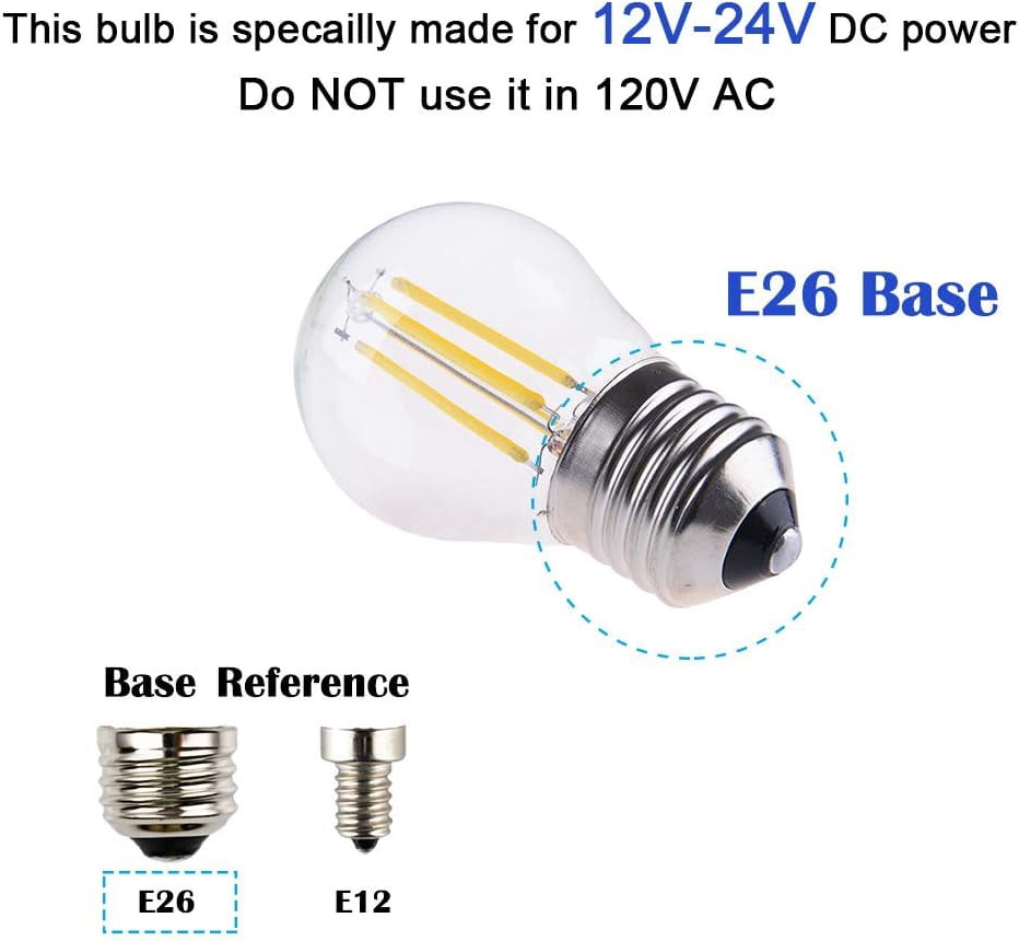 FEFEFW-12V Low Voltage 4W LED Mini Globe Bulb, Dimmable with DC Dimmer, E26 Medium Base, 4000K Daylight, 40W Incandescent Replacement, for Solar System 12V-24V DC Power, 2-Pack