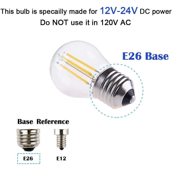 FEFEFW-12V Low Voltage 4W LED Mini Globe Bulb, Dimmable with DC Dimmer, E26 Medium Base, 4000K Daylight, 40W Incandescent Replacement, for Solar System 12V-24V DC Power, 2-Pack