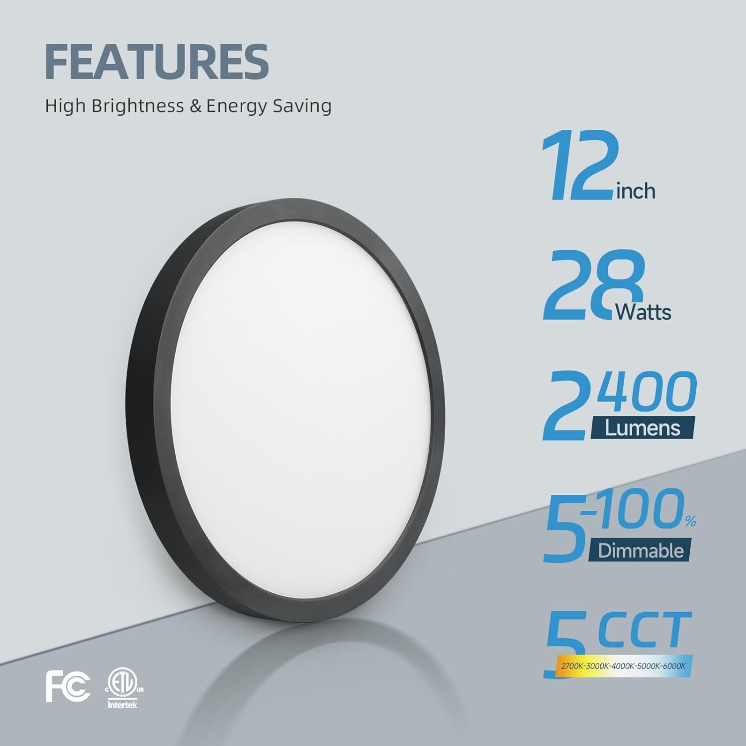 FEFEFW-12inch Black LED Flush Mount Ceiling Light, 5CCT Selectable Surface Mount Flat Panel Light, 28W 2400Lm, Dimmable Low Profile Lighting Fixture for Kitchen, Bedroom, Laundry, ETL Listed