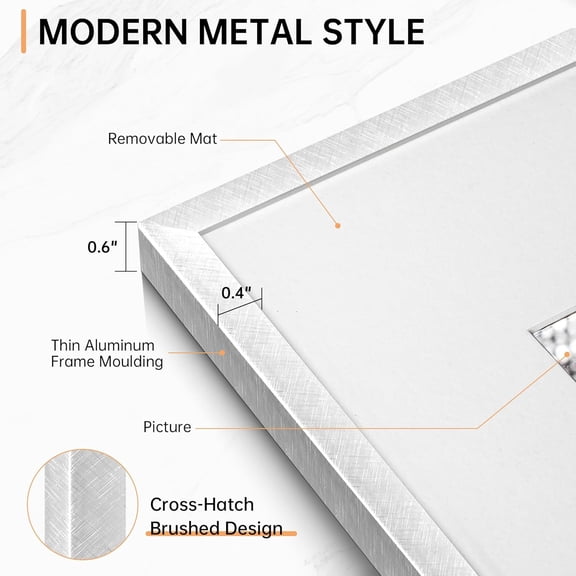 FEFEFW-12x16 Metal Picture Frame, Thin Aluminum 12 x 16 Photo Frame with 9x12 Mat, Cross-Hatch Brushed Design, High Definition Plexiglass, Vertical and Horizontal Display, Wall Hook Hanging Hardware