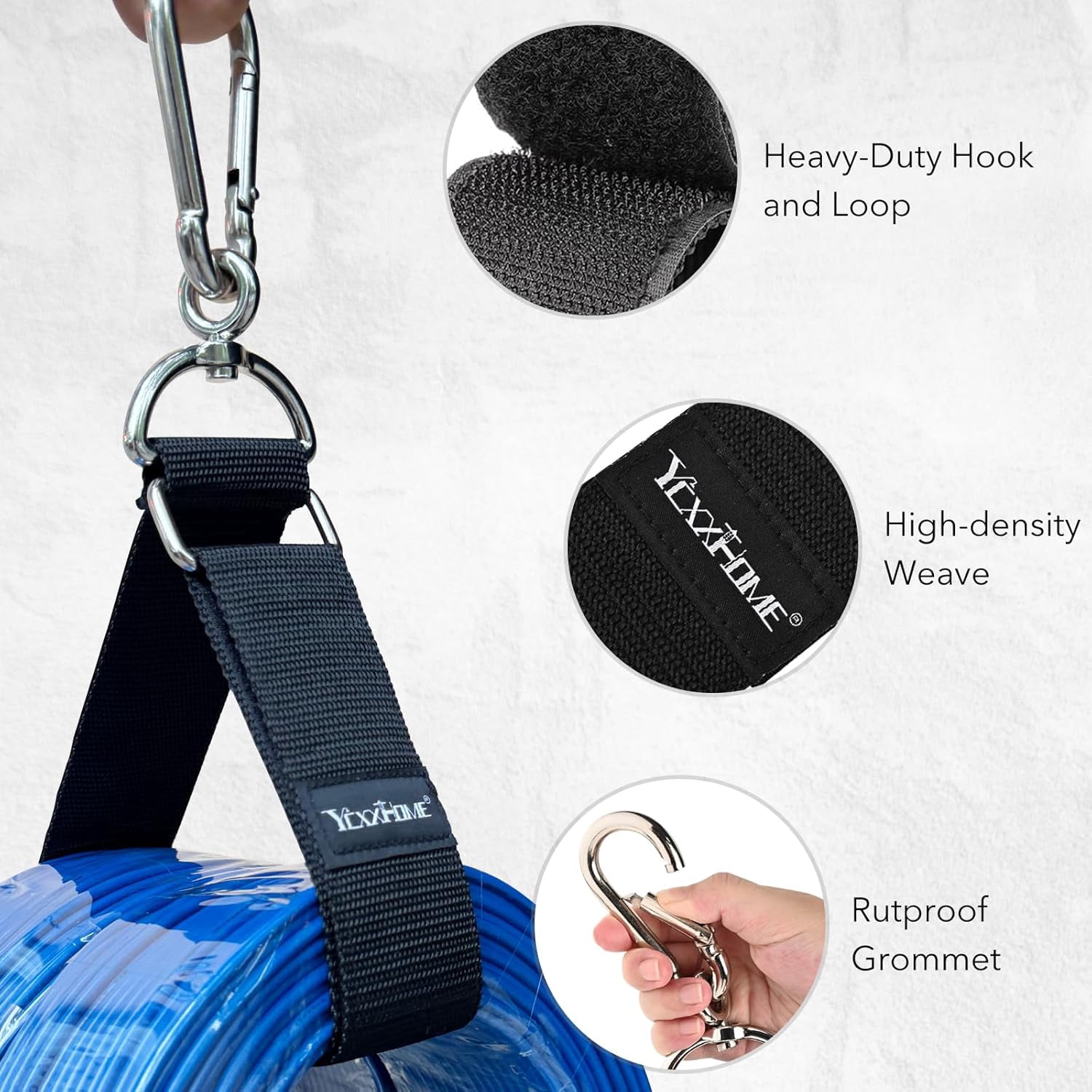 FEFEFW-2-Pack Heavy Duty Storage Strap with 360° Rotating Carabiner & Velcro – High Load Capacity, Wall, Ceiling, Netting Mount, PP Webbing for Hose, Cord, Ladder, Garage, Garden, Tennis Court, RV