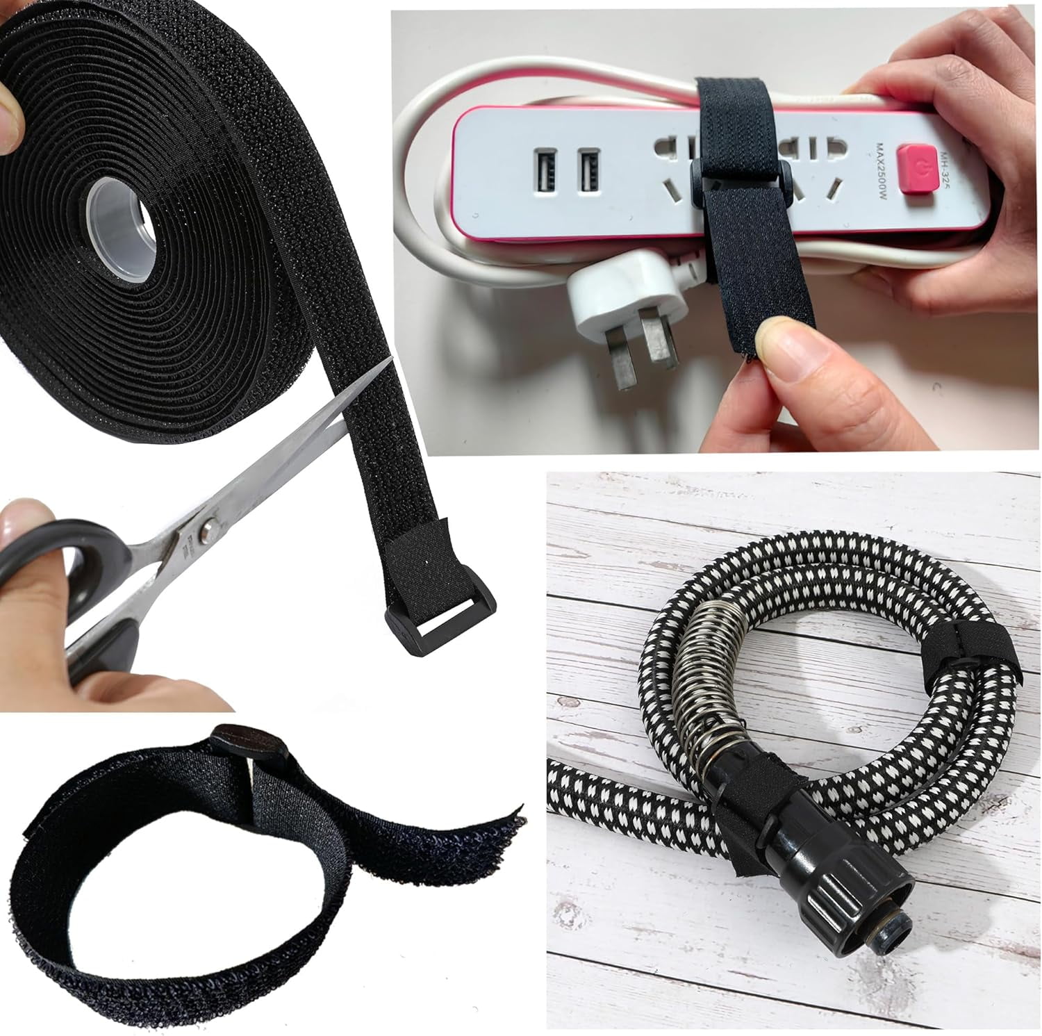 FEFEFW-2"x16ft Hook and Loop Cable Securing Straps with 15 Buckles, Free Cut Length | Adjustable | Reusable Fastening Cable Ties, 2 Inch Wide Cinch Strap for Wire, Cord Wraps, Cable Management- Black