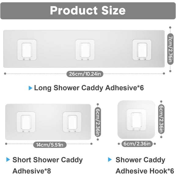 FEFEFW-20 Pack Shower Caddy Adhesive Replacement Flat, Transparent Strong Adhesive Hooks, No Drilling, Waterproof Wall Hooks for Shower Caddy, Bathroom Storage Shelves and Kitchen Racks
