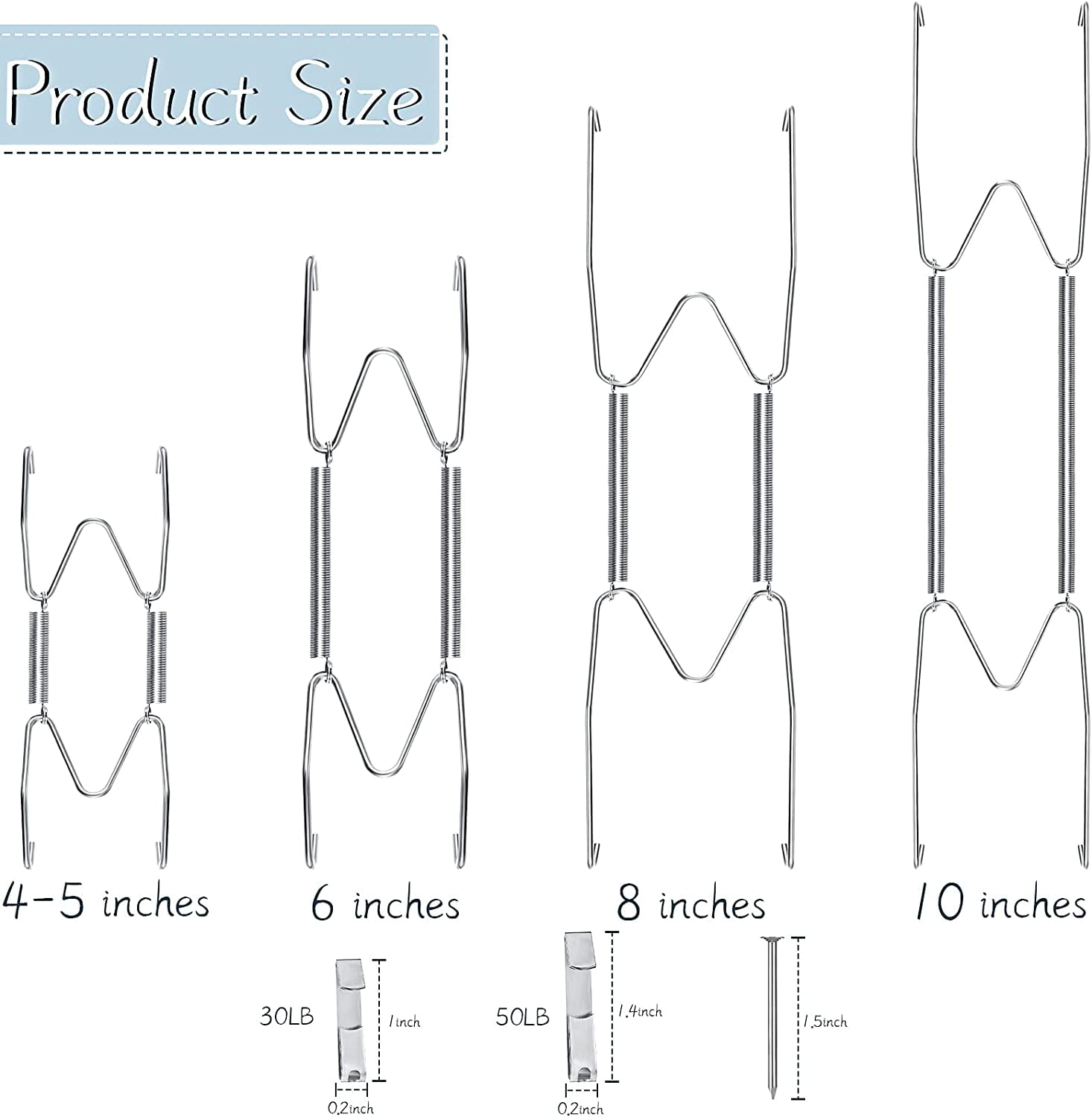 FEFEFW-20 Pieces Invisible Wall Plate Hangers 4/5/6/8/10 Inches Wall Plate Hangers Stainless Steel Decorative with 20 Pieces Hook with Nails for Decorative Antique and Arts(Silver)