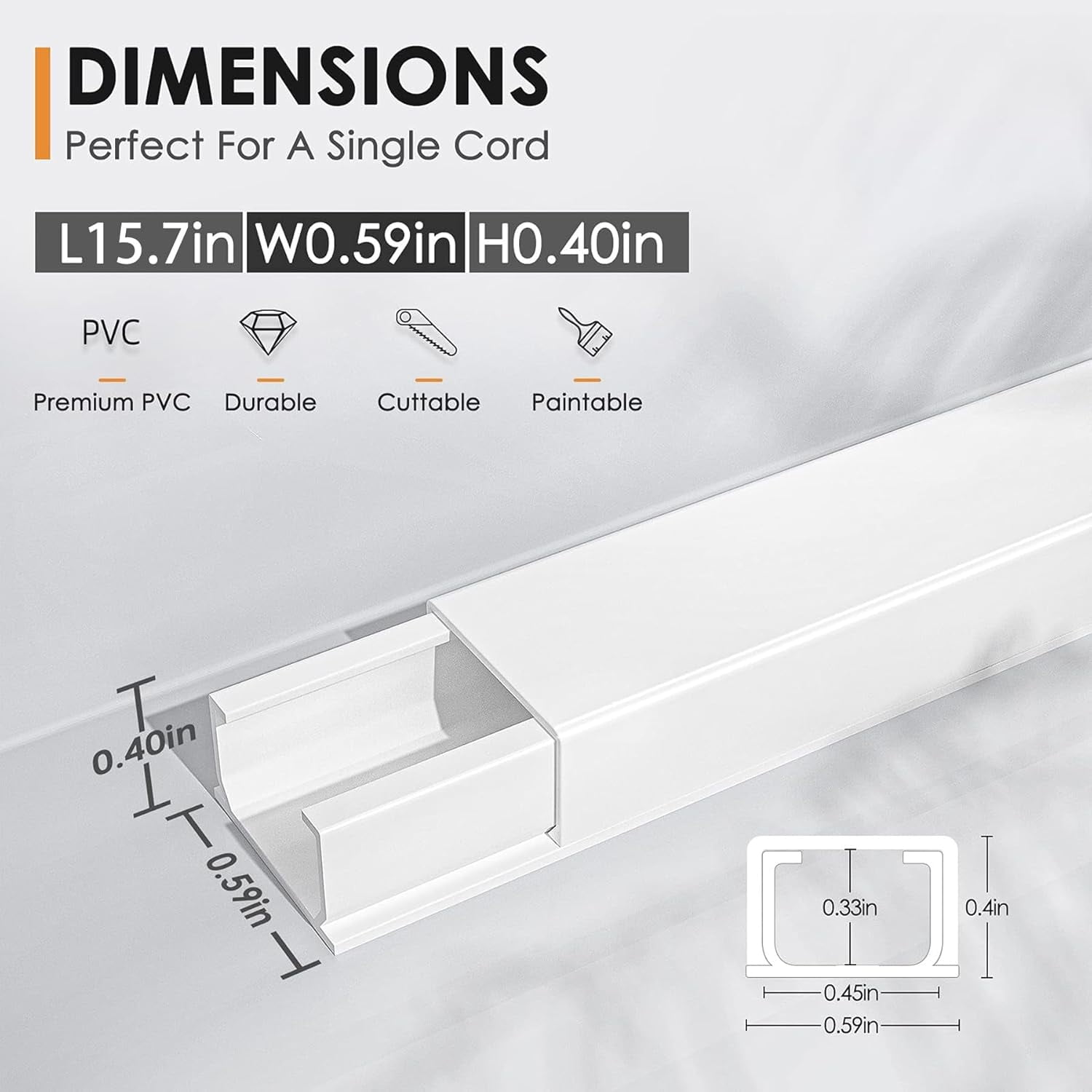 FEFEFW-236in Cord Hider, One-Wire Cord Covers for Wires on Wall, Easy-to-Install Cable Hiders for Mounted Tv, Cable Management Kit, Cable Raceways, W0.59 H0.4in, White