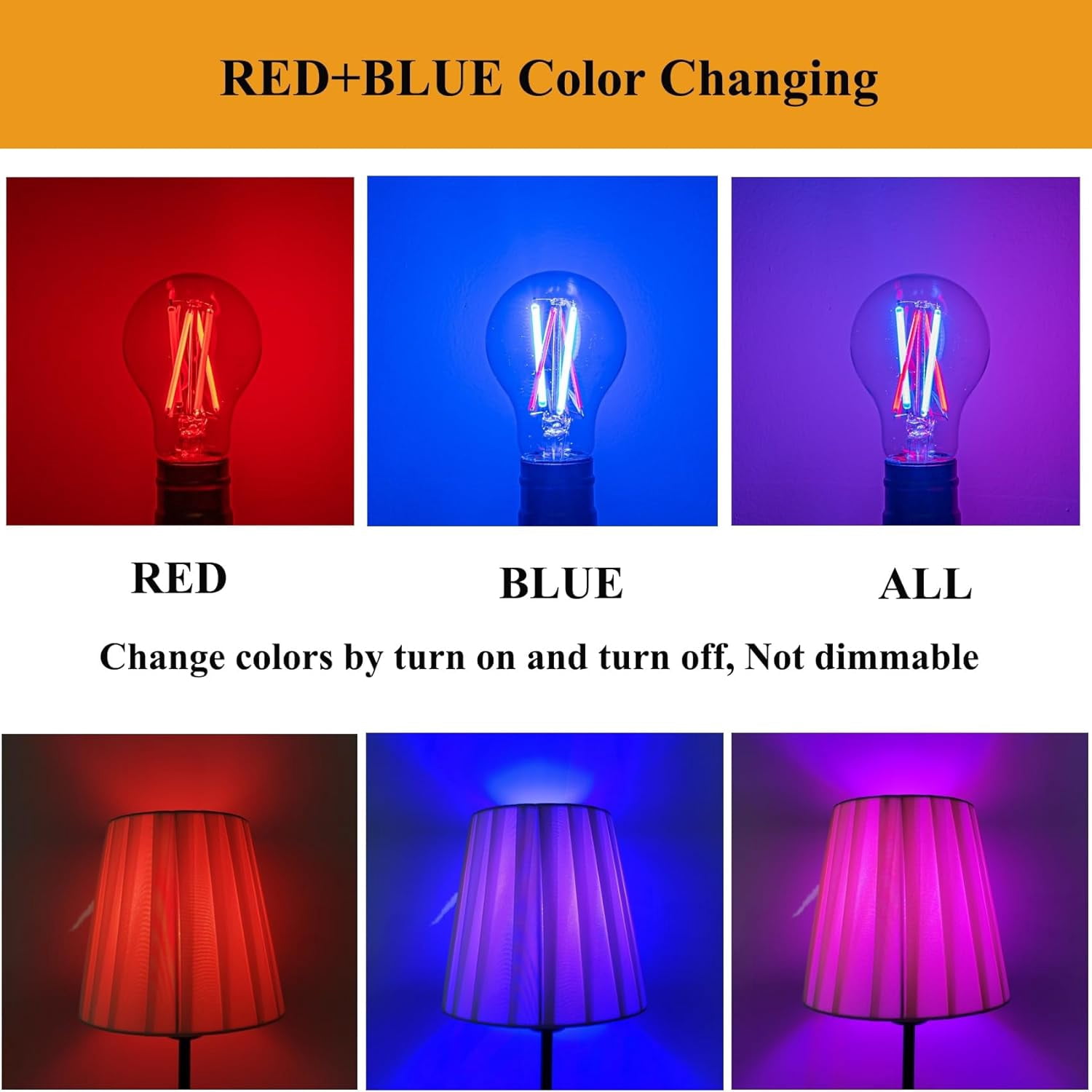 FEFEFW-3 Color Temperature LED Bulb E26 Medium Base, Red and Blue Color Changing Light Bulb 3CCT A19 LED 6W Clear Glass, Not Dimmable, 2 Pack