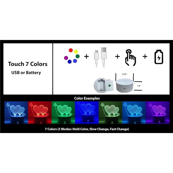 FEFEFW-3D Heart Arrow LED Night Light 7 Colors, Touch Base, USB or Battery