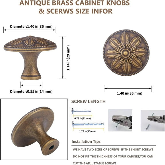 FEFEFW-4 Pack Antique Brass Cabinet Knobs Vintage Dresser Knobs Drawer Knobs,1.4" Round Vintage Kitchen Cabinet Knobs Handles for Cabinets and Dresser Drawers Rustic