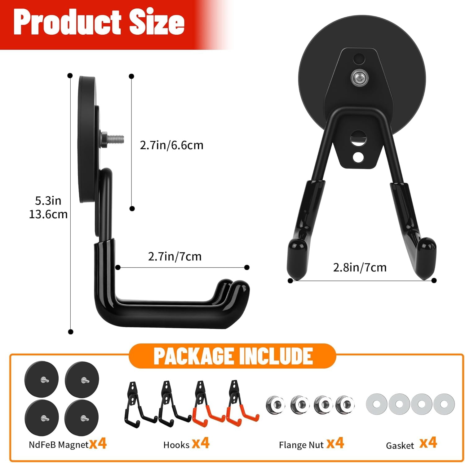 FEFEFW-4 Pack Heavy Duty Magnetic Garage Hooks,No Drill Installation and Rubber Coating for Scratch-Free Use,Space Saving Large Utility Hooks for Kitchen,Tools,Pegboard,Workshop (Red 2pcs+Black 2pcs)