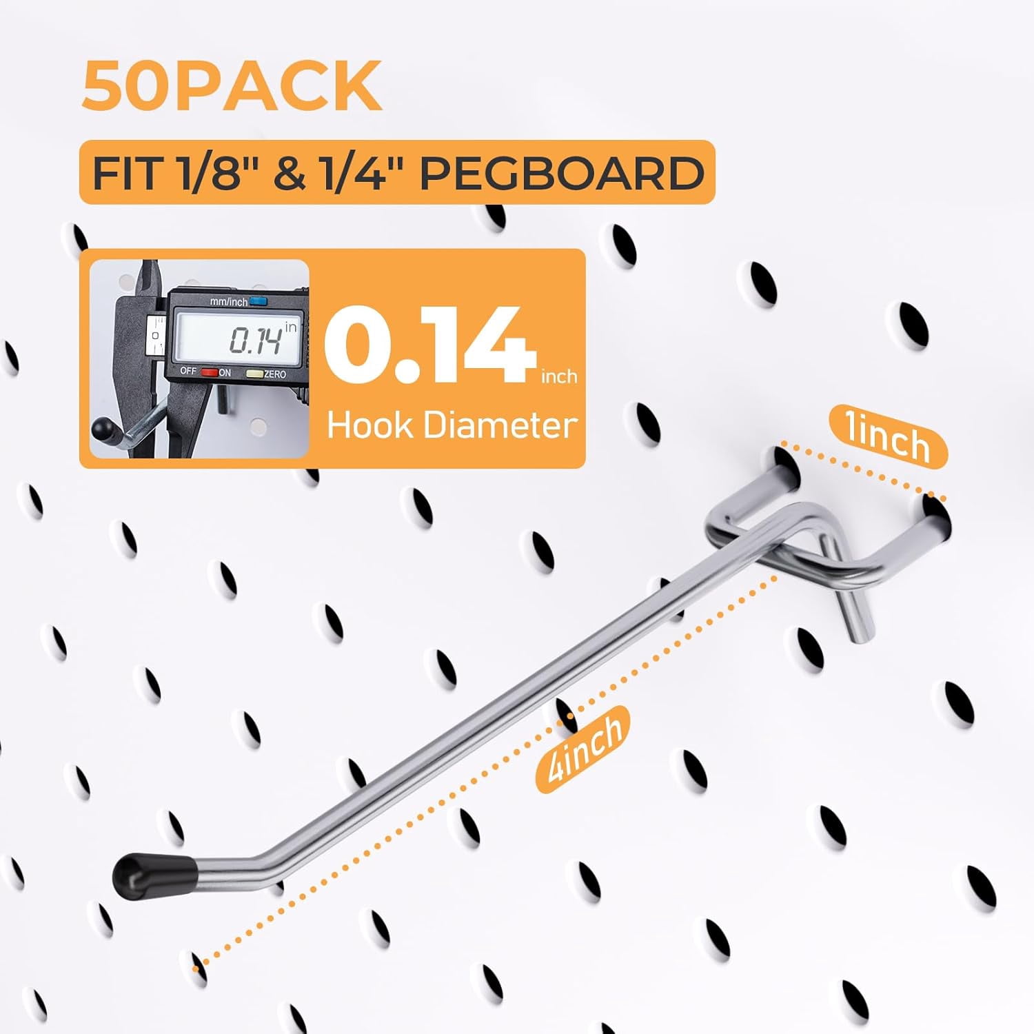 FEFEFW-50 Pack Pegboard Hooks, 4 Inch Metal Peg Board Hooks Accessories, Peg Board Tool Hangers Fit for 1/8“ and 1/4" Pegboard Hanging Tools for Garage, Craft Room, Kitchen, Store
