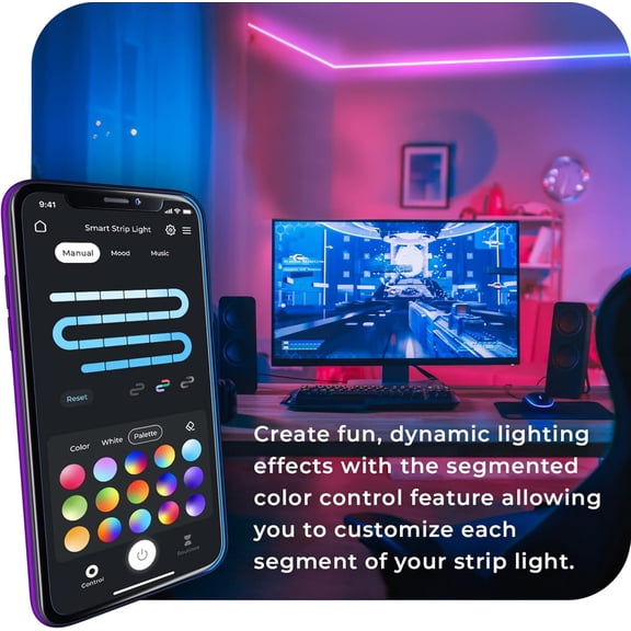 FEFEFW-50502 Wi-Fi Smart Multicolor Changing RGB LED Music Sync Plug-in Strip Light, No Hub Required, Voice Activated, 5 Meters/16.4 Feet, IP65 Rated, 3000 Kelvin, Smart Home Automation