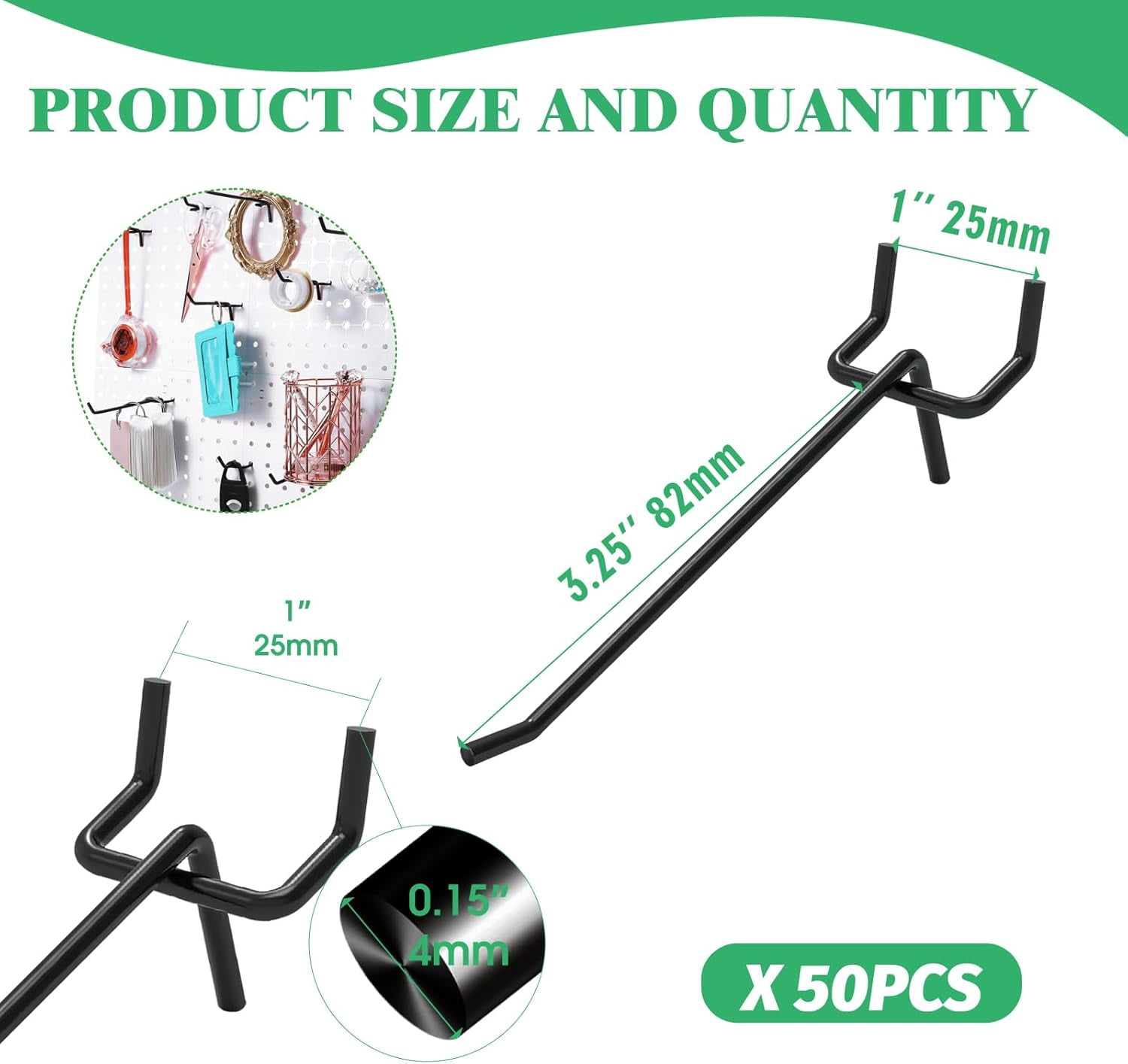 FEFEFW-50Pcs 4"/10CM Pegboard Hooks Assortment Set, Metal Peg Board Hooks with 2.5mm Hole Pitch 4mm Wire Diameter Slatwall Hanging Hook for Garage Organization Wall Hanging (Black)