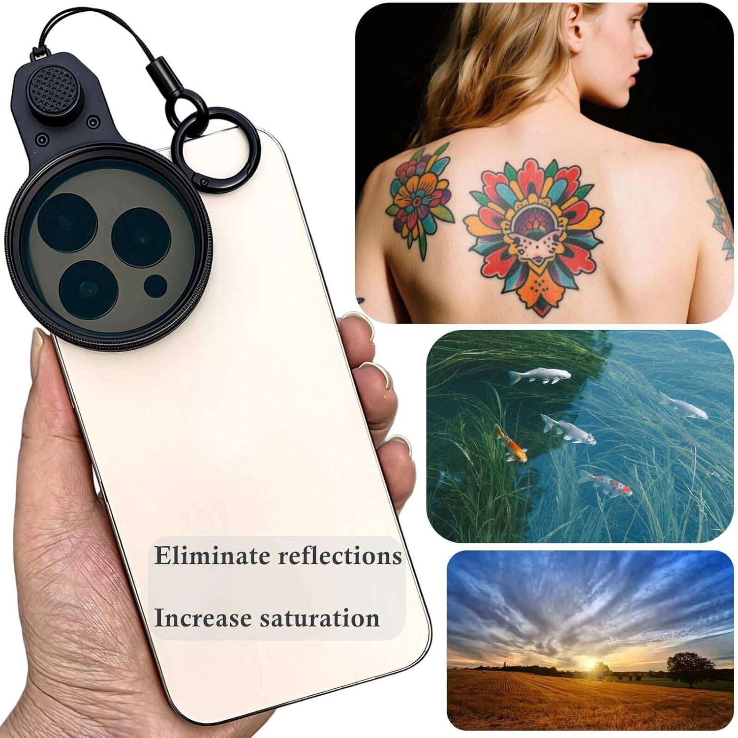 FEFEFW-52mm CPL Polarizing Filter Clip-on Lens Kit for iPhone 17, 16, 15, 13, 12, Samsung and Android Phones, with Lens Cap, Filter Case, Cleaning Cloth