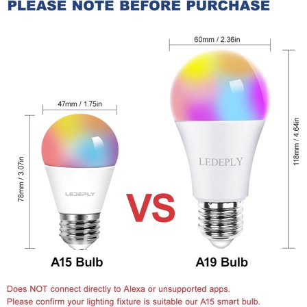 FEFEFW-5W=40W, A15 Smart Bulb, Compatible with Alexa, Google Home, E26, Color Changing, Dimmable LED WiFi Light Bulbs, No Hub Required, 2.4GHZ WiFi Only, 400lm, 1 Pack