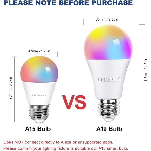 FEFEFW-5W=40W, A15 Smart Bulb, Compatible with Alexa, Google Home, E26, Color Changing, Dimmable LED WiFi Light Bulbs, No Hub Required, 2.4GHZ WiFi Only, 400lm, 1 Pack