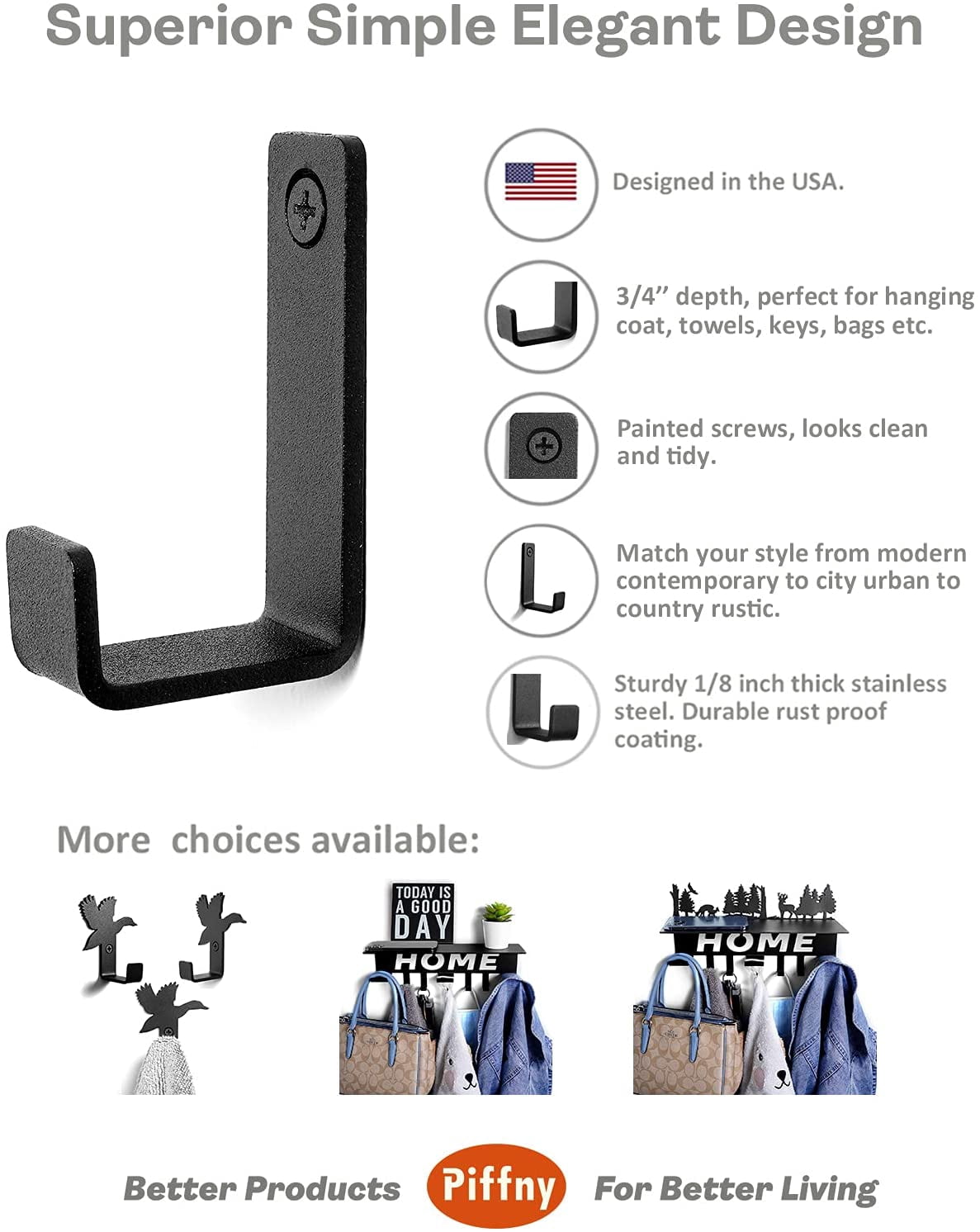 FEFEFW-6 Pack Heavy Duty Steel Essential Style Wall Hooks for Indoors & Outdoors (White J Hook)