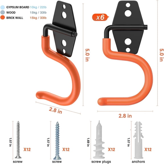 FEFEFW-6 Pack Metal Garage Hooks, Heavy Duty S Hooks Tool Hangers for Garage Wall, Shed, Garden Storage Organizer