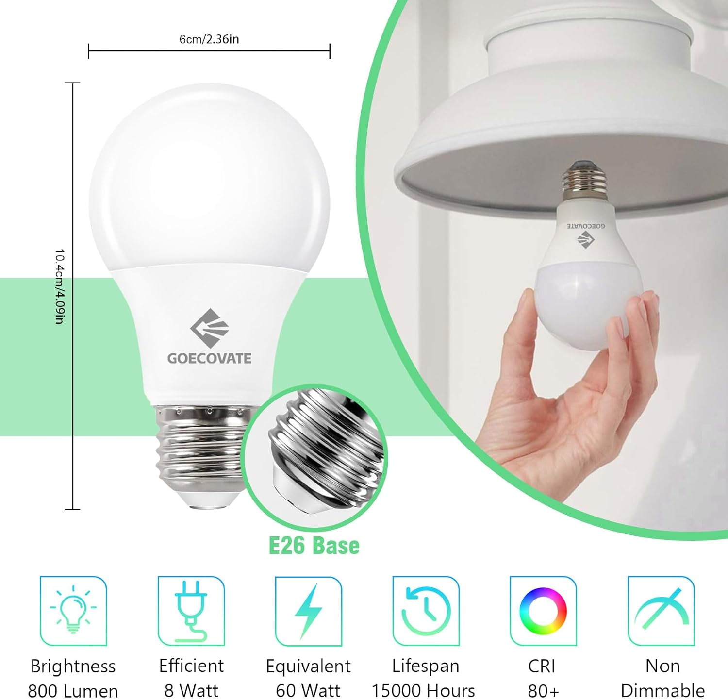 FEFEFW-A19 8W LED Light Bulbs, 60 Watt Equivalent LED Bulbs, Softwhite 2700K, 800 Lumens, E26 Standard Base, Non-Dimmable, LED Bulbs for Bedroom, ETL/UL Listed, 24 Pack