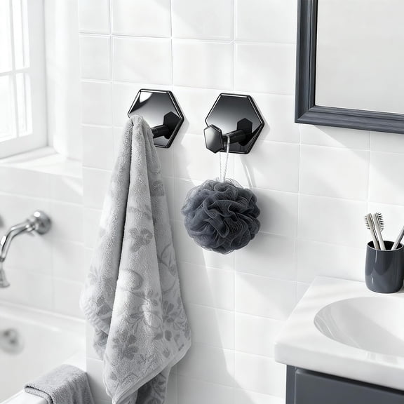 FEFEFW-Adhesive Towel Hooks Heavy Duty Wall Hooks Waterproof Stainless Steel Shower Rack for Coat, Key, Hat, Robe, Clothes, Picture Hanging Towel Hooks for Bathrooms Kitchen Door (4-Pack, Black)
