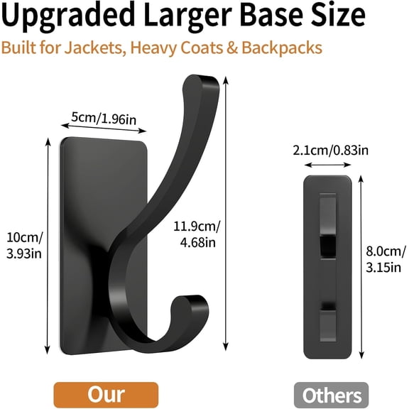 FEFEFW-Adhesive Wall Hooks for Hanging Coat, 4 Pack Black Heavy Duty Coat Hooks for Wall, Home Storage Hooks Stick On Door, Bathroom, Dorm, Closet, Entryway