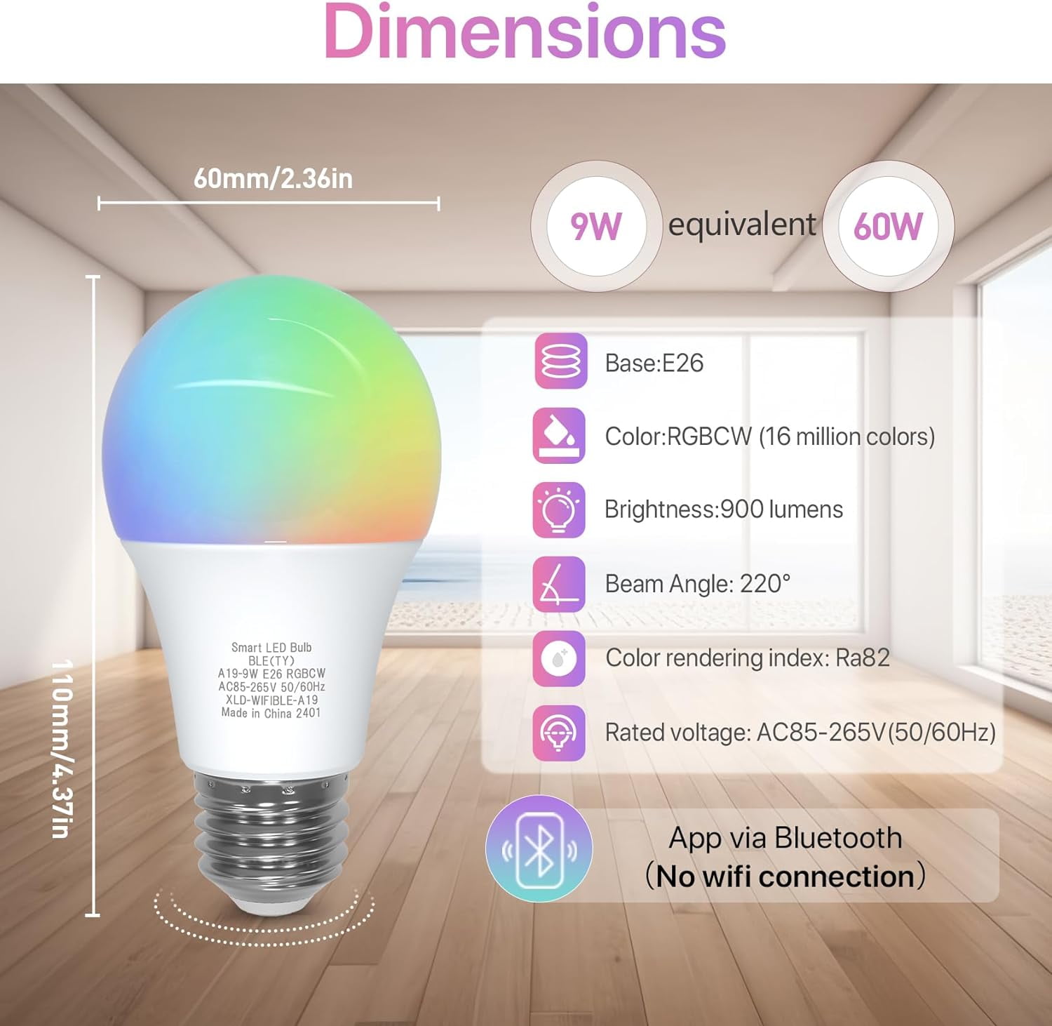 FEFEFW-Bluetooth Smart Light Bulb A19 E26,9W LED Light Bulb Color Changing APP Dimmable, 60W Equivalent RGBCW LED Bulb 900 Lumens Multicolor,2P (No WiFi Connection)
