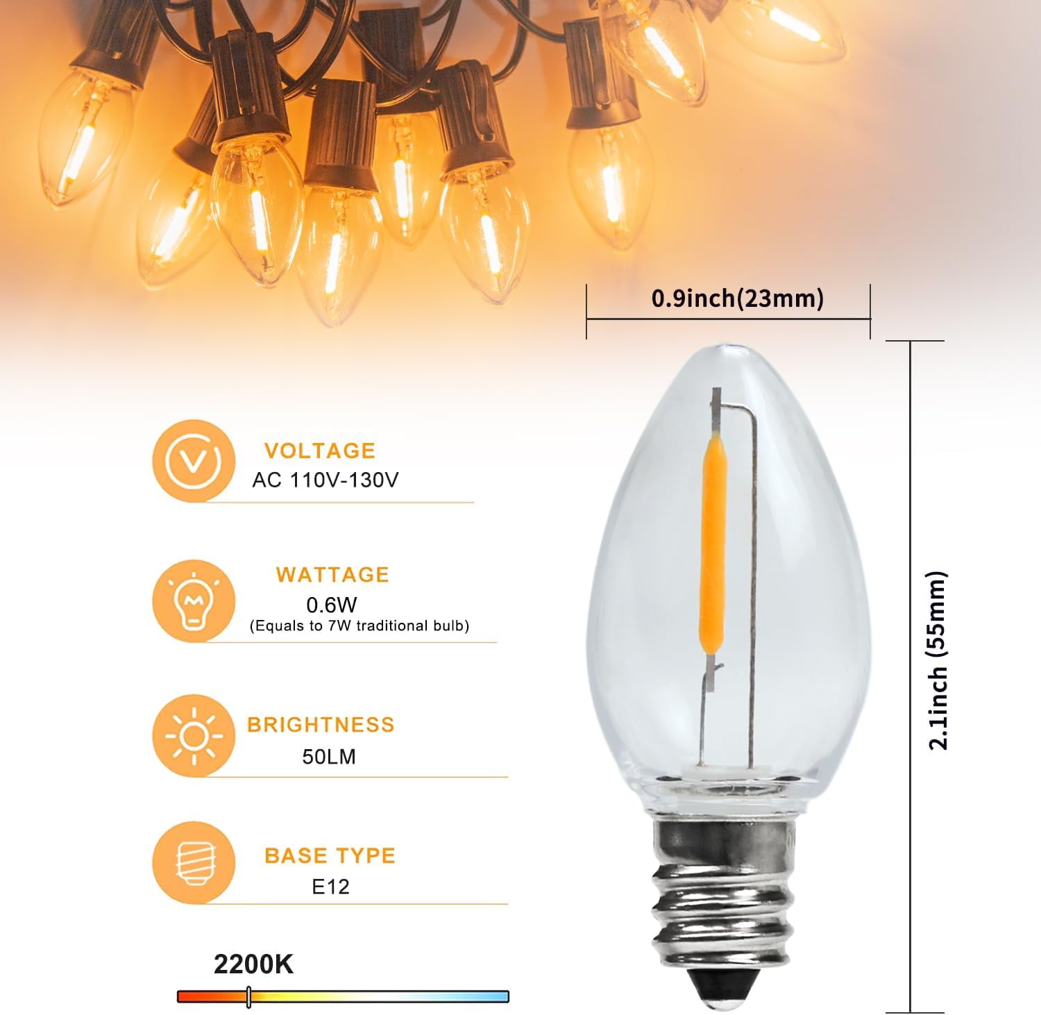 FEFEFW-C7 E12 LED Night Light Bulbs, C7 Replacement LED Light Bulbs, Window Candles & Salt Lamp Bulbs, E12 Chandelier Base, 0.6W Equivalent to 7W, Warm White 2200K, Clear Plastic, 25 Pack
