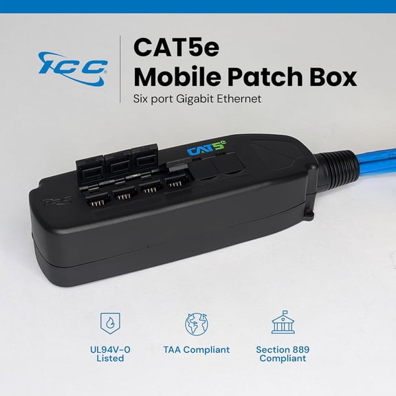 FEFEFW-CAT5e Mobile Patch Box with Built-in 6-Port Module, Portable Termination Box for 4-Pair UTP Cable, UL94V-0 Indoor Housing with Cover & Dust Caps, TAA & Section 889 Compliant, Black