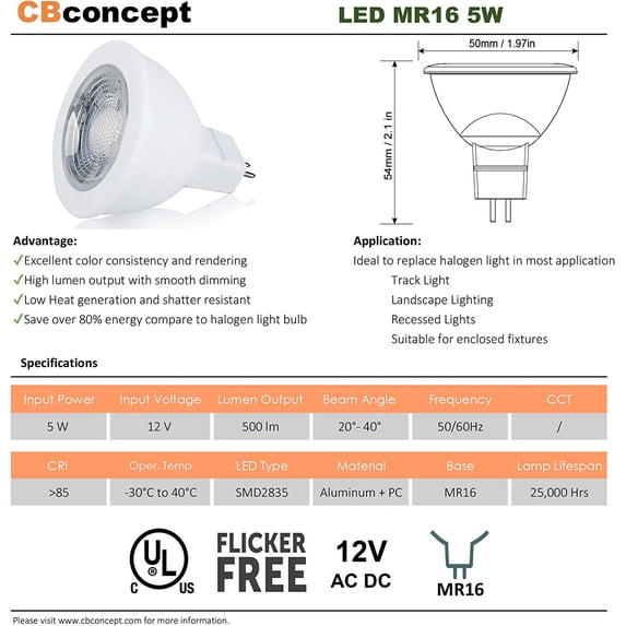 FEFEFW-CBConcept UL-Listed MR16 GU5.3 LED Bulbs, 2-Pack, 5 Watt, Dimmable 500 Lumen, Green, 36°Beam Angle, 12V, 50W Halogen Equivalent, Recessed/Landscape LED Lighting | Designed In San Francisco