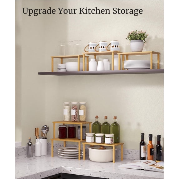 FEFEFW-Cabinet Organizer Shelf(Set of 3),Bamboo Kitchen Counter Shelves for Countertop and Cabinet,Stackable Shelf Spice Racks,Medium(Natural)