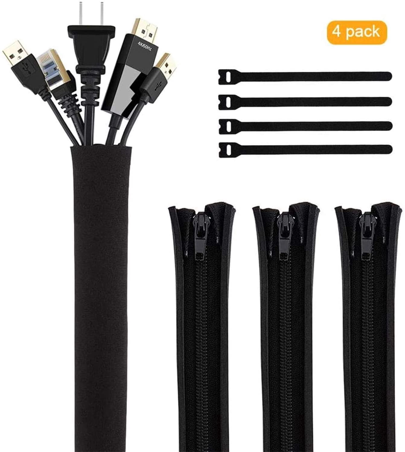 FEFEFW-Cable Management Sleeve, 19-20 Inch Cord Management Sleeves with Zipper and Bundling Ties for TV/Computer/Home Entertainment Cable Wrap Cover Organizer,4 Pack, Black