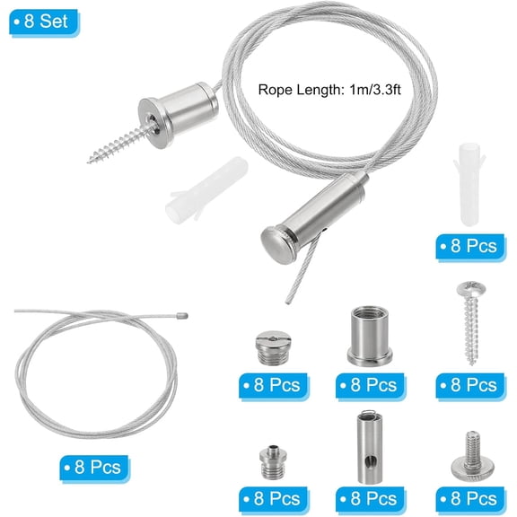 FEFEFW-Ceiling Hanging Wire Cable Kit, 1m/3.3ft 8 Set Adjustable Light Suspend Cable Kit Panel Hanging Rope Clamp Round Nail for Pendant Light Fitting Aquarium Lights, Style 2